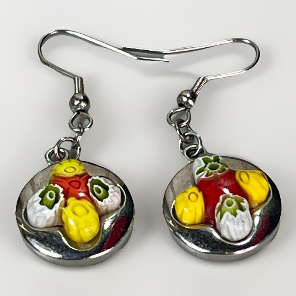 Colorful Millefiori Glass Stainless Steel Oval Dangle Drop Earrings Floral 1.5”